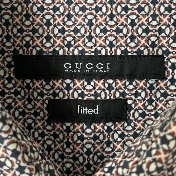 Gucci Dress Shirt Mens 41 16 White Blue Geometric Print Fitted Cotton Preppy - Picture 11 of 15